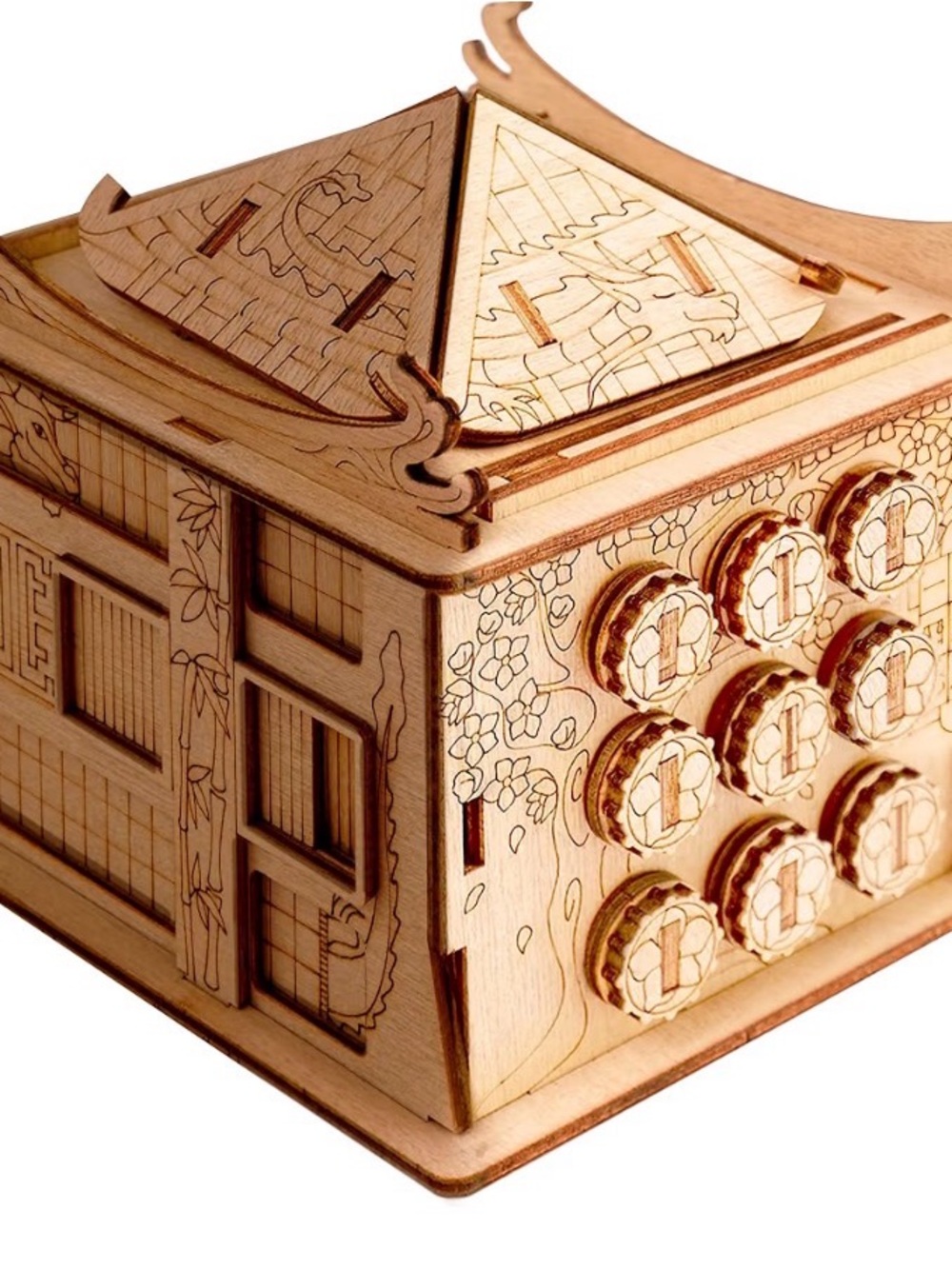 Engraved Wooden Puzzle Box Game - Natural Wood Finish